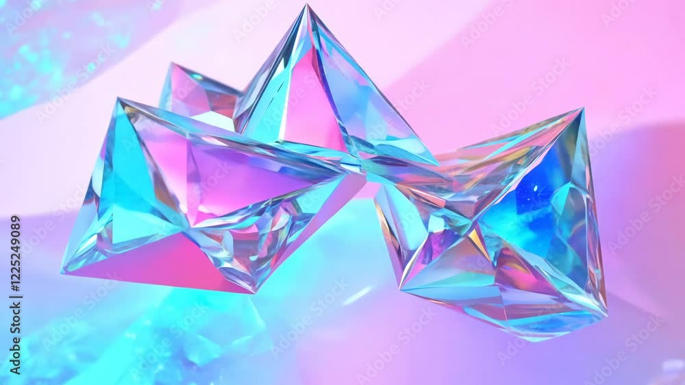 Poster abstract holographic crystal shapes in motion on iridiscent violet background