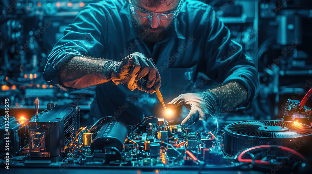 Poster technician working on circuit board, using tools to repair electronic components with precision and 