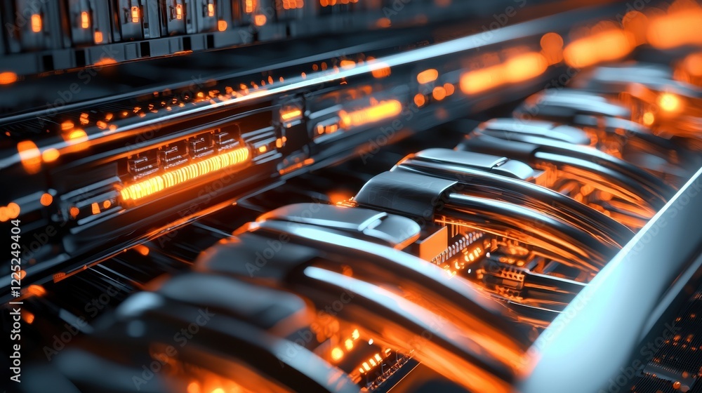 Poster futuristic control panel with illuminated buttons and knobs in a media production studio