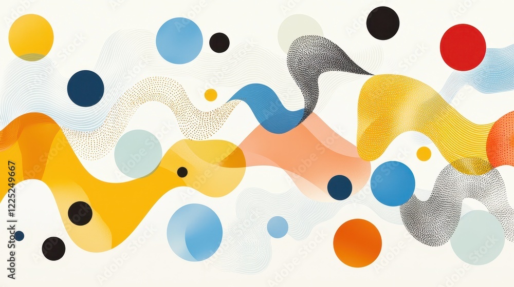 Poster abstract composition of colorful squiggly lines and dots in retro style with soft pastel tones and d