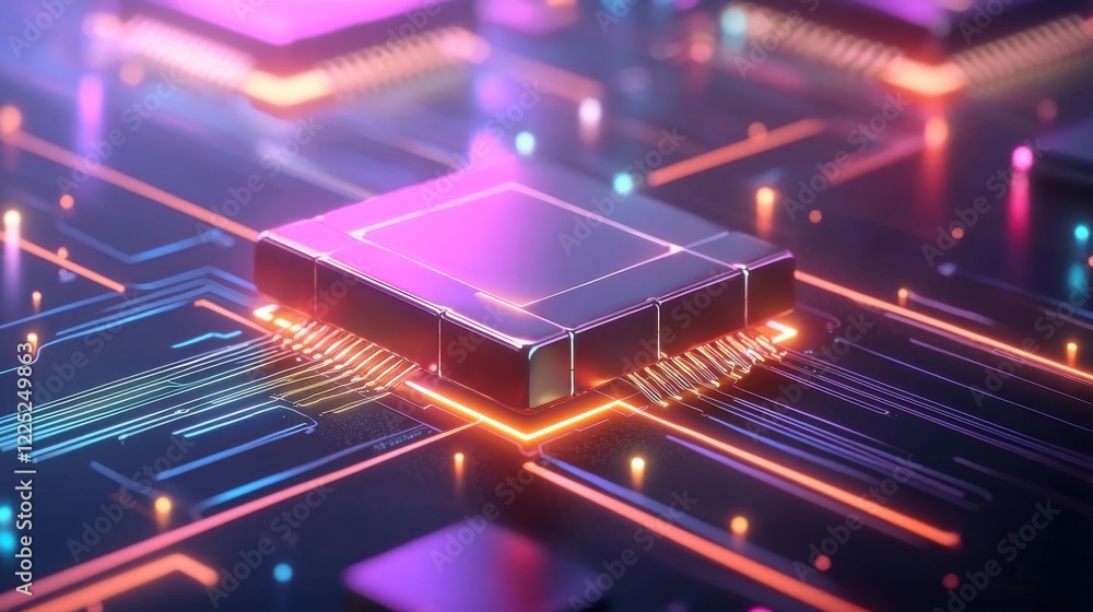 Poster glowing futuristic computer processor chip in neon geometric circuit background