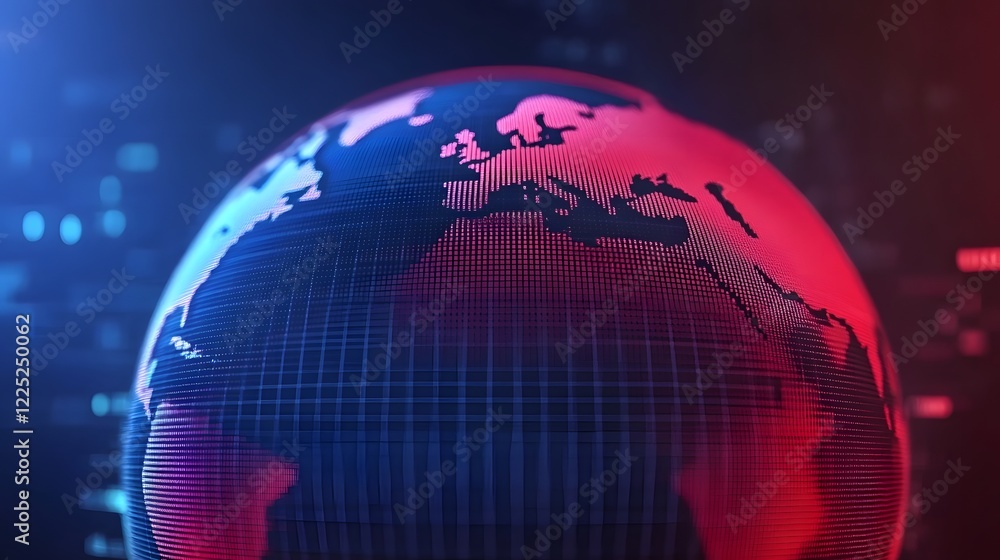 Poster rotating neon illuminated globe on dark background with clear copy space for news or technology