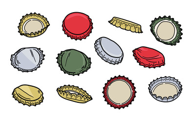 Used glassware bottle metallic caps, lemonade, consumed soda or beer glass jar lids isolated set