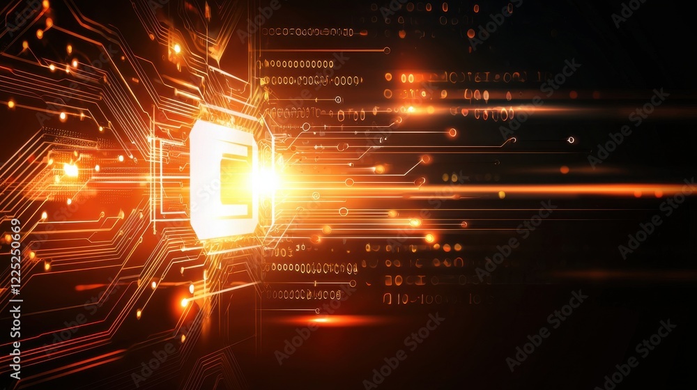 Poster futuristic glowing tech circuit board with bright data burst