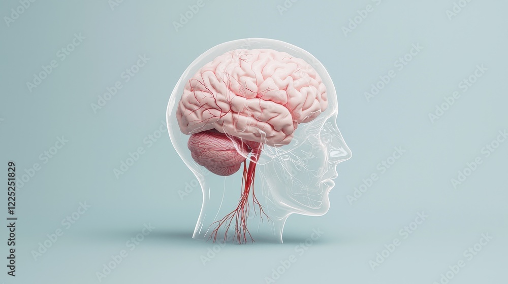 Poster lifelike rendering of a human brain with visible anatomy and detailed vascular structure in profile 