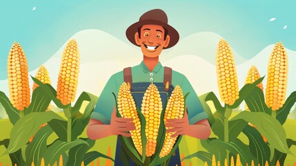 Cheerful Young Farmer Holding Fresh Corn Ears in Cartoon Style