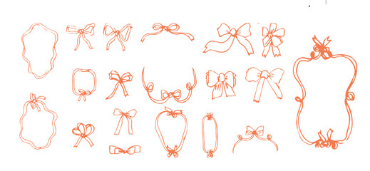 Collection of hand drawn bows and frames for decorative designs.
