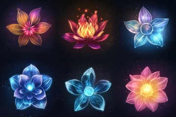 Six glowing flower icons with various colors on a dark background, for fantasy designs