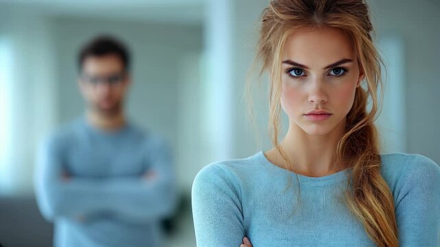 A woman with long hair and a blue shirt is looking at the camera with a frown on her face
