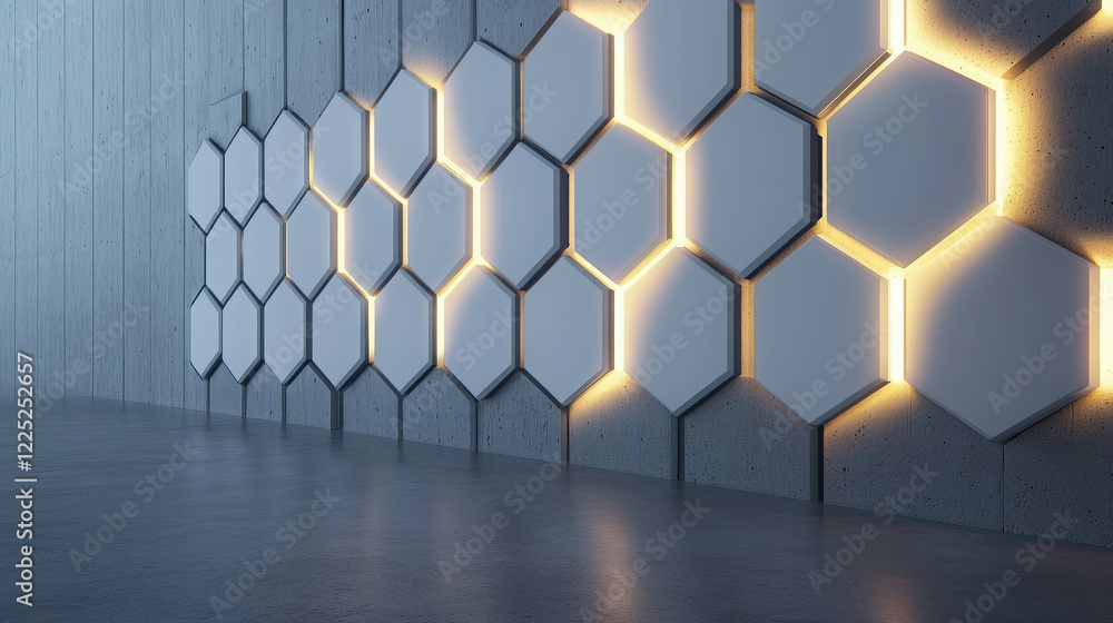 Poster modern honeycomb art installation with illuminated hexagonal panels in contemporary space