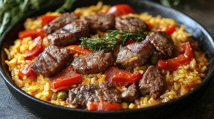 Delicious beef paella, red peppers, peas, close-up