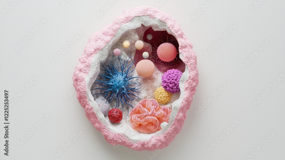 Poster detailed photorealistic rendering of human cell with intricate structures and vibrant colors