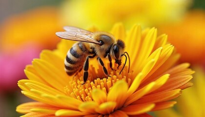 Macro Shot of Bee Collecting Pollen from Yellow Flower