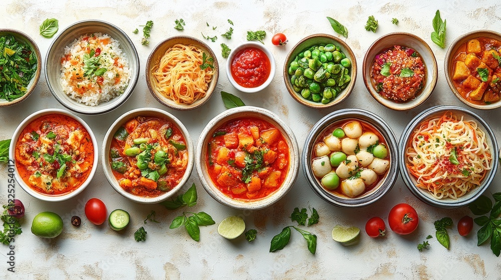 Wall mural Colorful assortment of dishes featuring rice, pasta, and vegetables on a marble surface