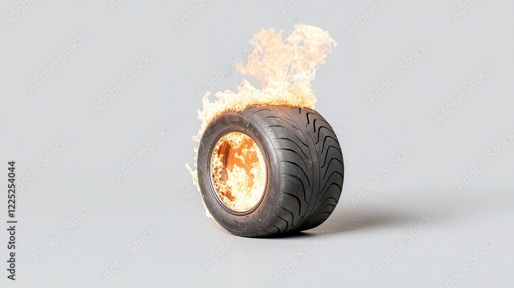 Poster dynamic motion of a racing tire with glowing streaks of flame on a clean background