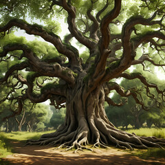 Set of large ancient trees with twisted branches and sprawling roots