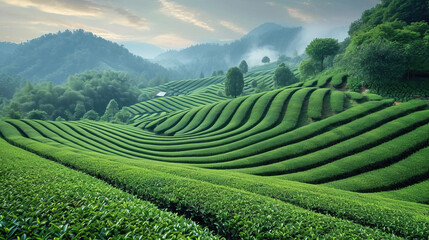 Green Ripening Tea Field On Mountains Agricultural Landscape Background
