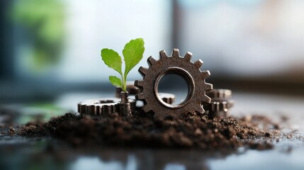 Small green plant growing among metal gears on dark soil background