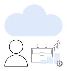 Person icon below a blue cloud, briefcase, stacked coins, dollar sign, and upward arrows symbolize collaboration, finance, storage, and progress. Ideal for business technology investment digital