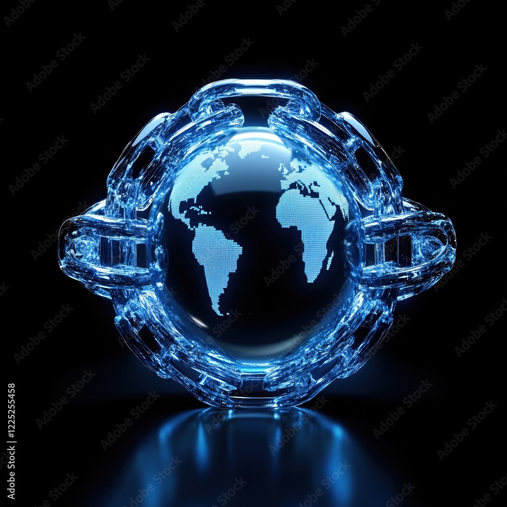 Poster global connection concept with digital world map inside a transparent chain on black background