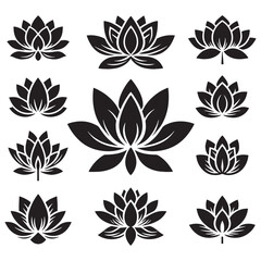 A set of lotus flower icons in a black silhouette style displayed on a white background. 