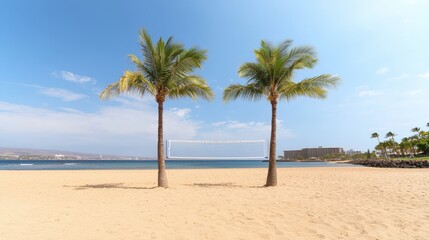 Scenic Beach with Volleyball Net Stretched Between Two Palm Trees on a Clear Day