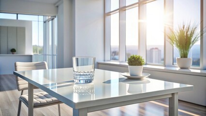 Modern minimalist office table scene with sunlight streaming through large windows, featuring a glass of water and potted plants