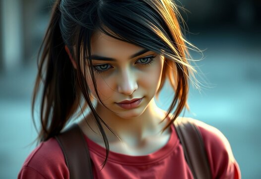 Outdoor portrait of a young female with a melancholic expression