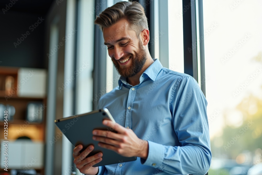Poster professional young man with beard engaged in digital work while smiling and utilizing tablet in mode