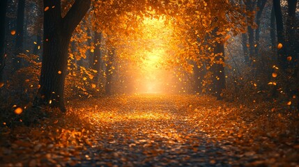 Fototapeta premium Enchanting autumn forest pathway illuminated by golden leaves and soft sunlight filtering through the trees