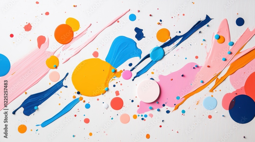 Poster bright and cheerful abstract art with colorful blobs and splashes on white background