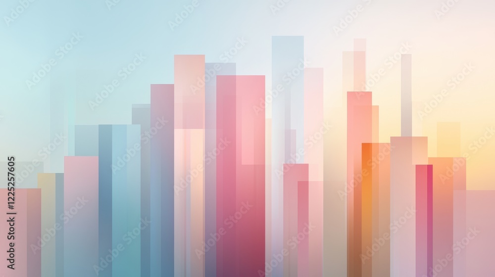 Poster abstract cityscape composed of geometric shapes with soft color gradients and light effects