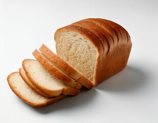 Sliced white bread loaf arranged with four slices. Suitable for food websites, bakery promotions, recipe cards, and culinary blogs.	