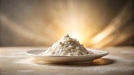 A mound of fine white powder sits on a pristine plate, bathed in warm, radiant light.