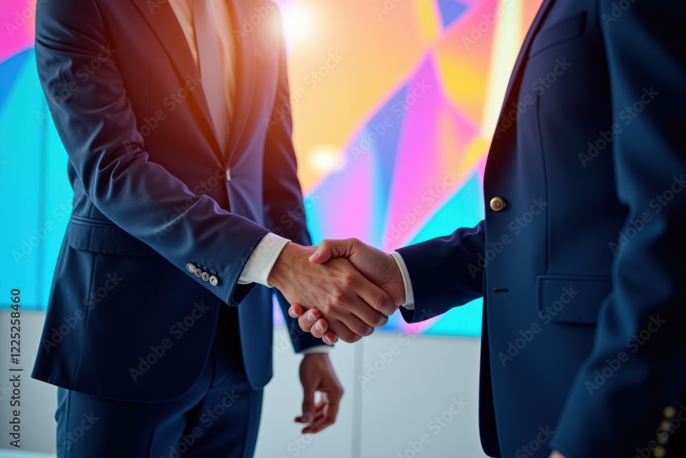 Poster a professional handshake between two businessmen in suits against a colorful abstract background dur