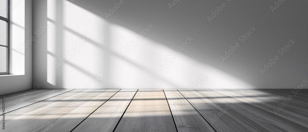 Poster sunlight streaming through window onto empty room with wooden floor and white wall creating shadows