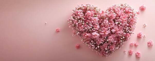 Obraz premium Romantic heartshaped floral design made with fresh pink flowers, soft pink background, vibrant petals, highresolution textures, ultrarealistic details