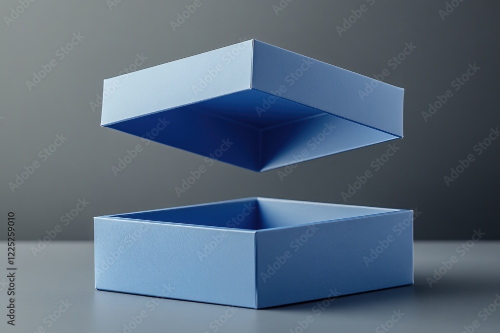 Poster open blue box with floating lid on a gray surface simple and clean studio shot