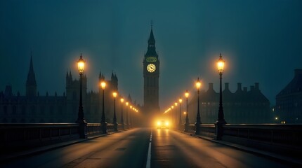 Obraz premium A night with the iconic Big Ben clock tower visible in the distance, a moody atmospheric environment, street lamps illuminating the scene, Foggy London Commute, created with generative ai