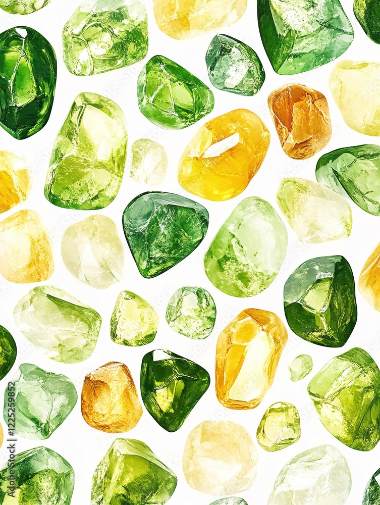 Poster green and yellow gemstones on white background seamless pattern for design and texture