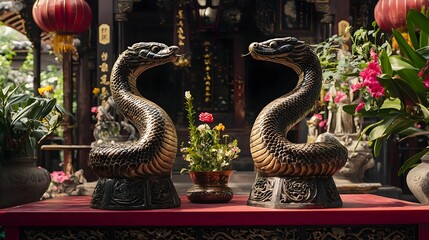 Fototapeta premium Decorative Snakes on Traditional Chinese Platform with Lanterns and Floral Arrangements