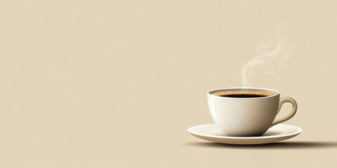 Hot cup of coffee resting on a subtle background emanating steam in a tranquil setting