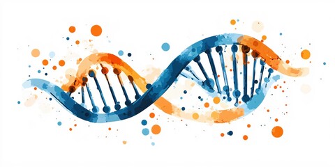 Abstract dna strand illustration in blue and orange with scattered dots on white background