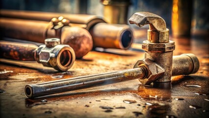 Close-up of aged metallic pipe components on a rustic surface