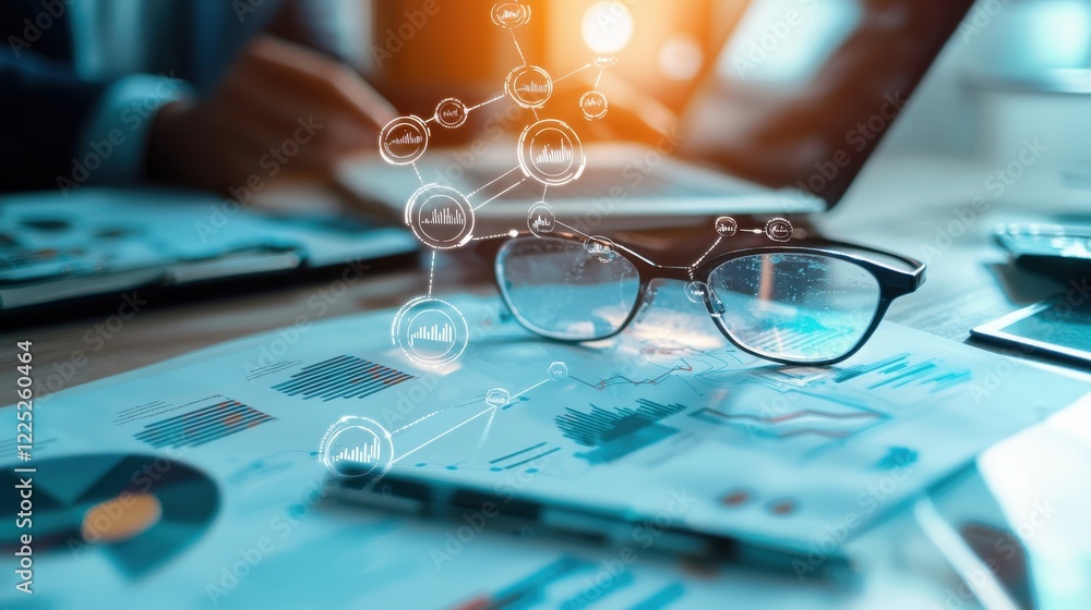 Aufkleber workspace with analytics data and technology for business success