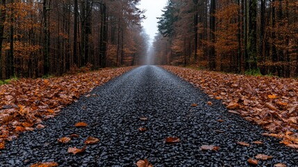 Autumn road through forest, misty day, fallen leaves. Use travel, nature, calm