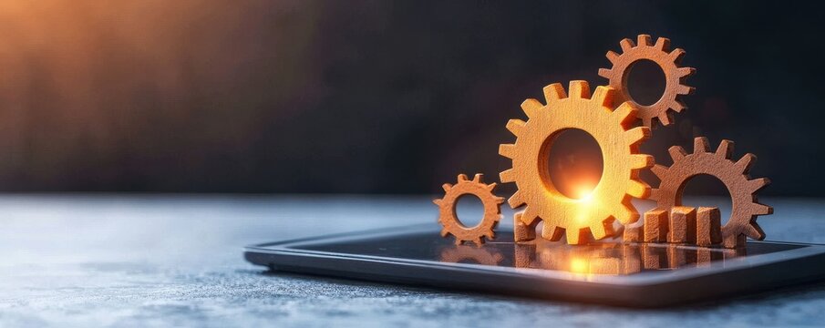 Feasibility Study concept. Gears and technology on a tablet with warm lighting.