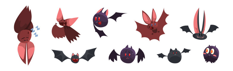 Funny Bat Character with Wing and Ears Vector Set