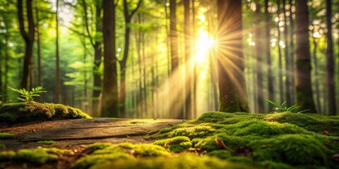 Obraz premium Serene Sunlight Illuminates Mossy Forest Floor with Sunbeams