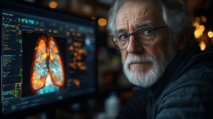 Serious senior doctor reviewing lung scan on computer.